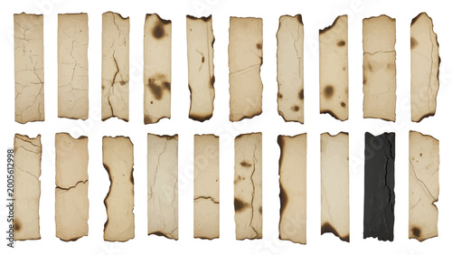 Vintage Old Burnt Paper Strips Collection Isolated on White Background – Antique Parchment Pieces, Torn Edges, Grunge Texture Design Elements