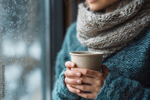 Hands Holding Hot Drink by Frosty Window in Cozy Winter Setting