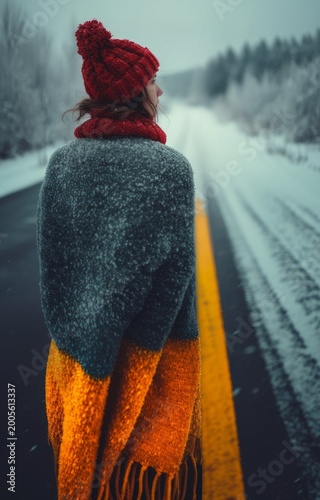 Woman Standing on Snowy Road Through Winter Forest on Cold Journey