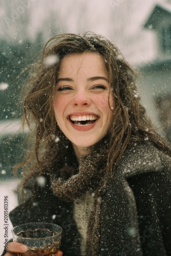 Joyful Young Woman Laughing Outdoors During Fresh Winter Snowfall