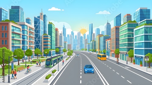 Bustling Modern Cityscape with Sustainable Public Transport and Eco-Friendly Infrastructure