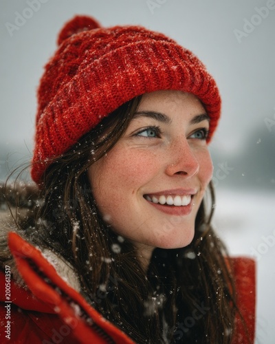 Happy Young Woman in Red Hat Smiling During Winter Snowfall