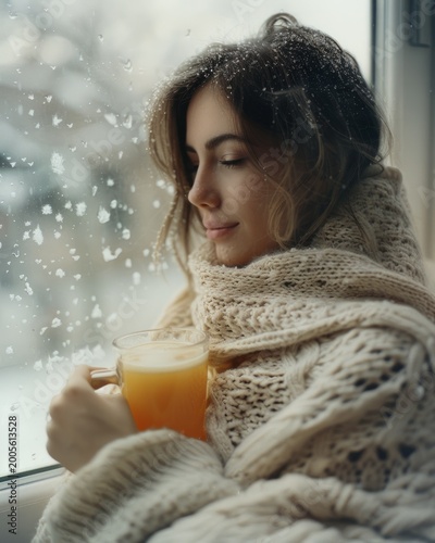Cozy Young Woman Enjoying Warm Drink by Frosty Window on Winter Day