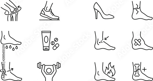 Bild auf Leinwand Foot care and pain relief icons set with footwear injury treatment and medical o