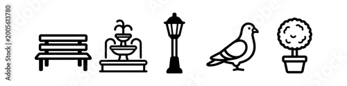 Tableau sur toile Urban Park Elements Icon Set Featuring Bench, Water Fountain, Street Lamp, Pigeo
