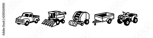Εκτύπωση καμβά Agriculture and Farm Vehicle Icon Set Featuring Pickup Truck, Combine Harvester,