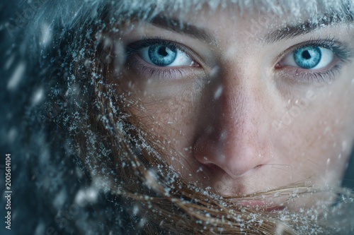 Close Up Portrait of Woman with Striking Blue Eyes in Winter Snow