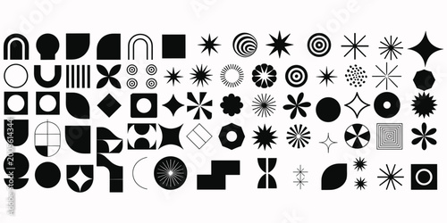Large collection of black geometric abstract shapes and icons on a white background