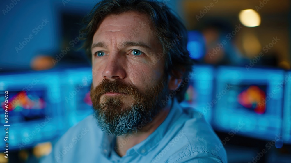 Fototapeta premium Systems engineer monitoring abstract data on transparent screens in control room
