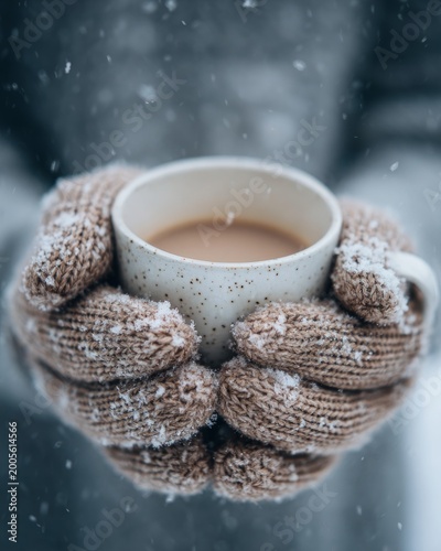 Warm Cup of Coffee Held in Cozy Knitted Mittens During Winter Snowfall