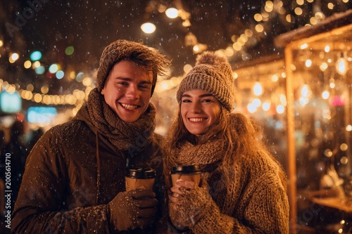 Happy Young Couple Holding Takeaway Coffee at Winter Christmas Market