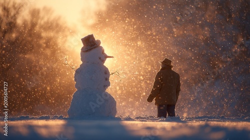 Person Walking Toward Snowman During Glowing Winter Sunset Snowfall