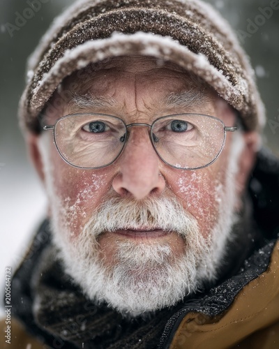 Close Up Portrait of Elderly Man with Frost Covered Beard and Glasses in Winter