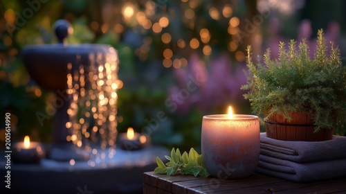 Spa mood candle with spring water in an evening garden, calm peaceful ambiance with soft bokeh lights, relaxing wellness and serene nature concept