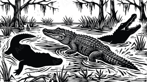 Bild auf Leinwand Alligators in a swamp a vintage woodcut style illustration