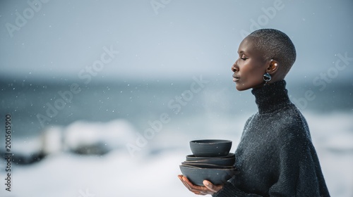 Elegant Woman Holding Ceramic Bowls in Peaceful Snowy Winter Landscape