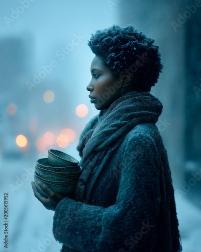 Elegant Woman Holding Ceramic Bowls in Snowy Urban Winter Scene
