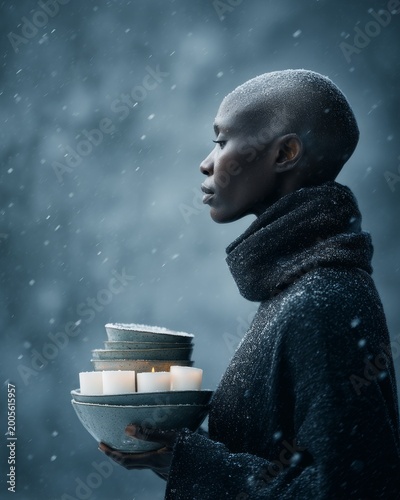 Elegant Woman Holding Ceramic Bowls and Candles in Snowy Winter Atmosphere