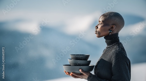 Elegant Woman Holding Ceramic Bowls Against Snowy Mountain Landscape
