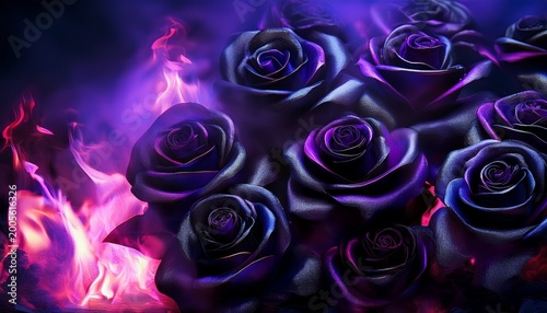black and purple roses with purple fire in the background