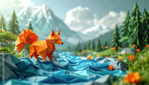 Origami fox stands near a stream in a low-poly forest setting
