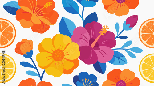 Cuadro en lienzo A vibrant and cheerful pattern of oranges and stylized flowers evokes feelings o