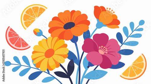 Vászonkép A vibrant, flat-lay illustration featuring citrus fruit slices and a stylized flower