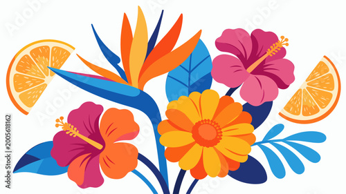 Canvastavla A vibrant and cheerful illustration featuring citrus fruit and hibiscus flowers