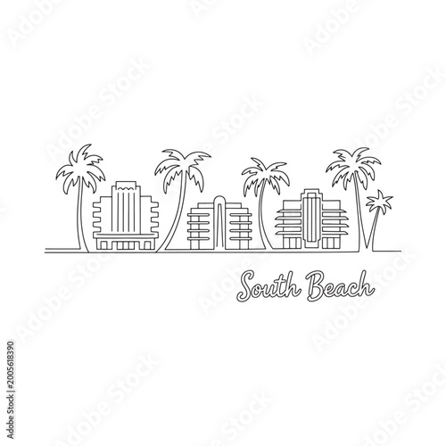 South Beach Miami Skyline Line Drawing with Palm Trees