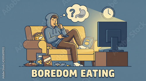 Boredom Eating: A person sits comfortably on the couch, surrounded by snacks, fixated on the television screen, depicting a common experience of emotional eating.
