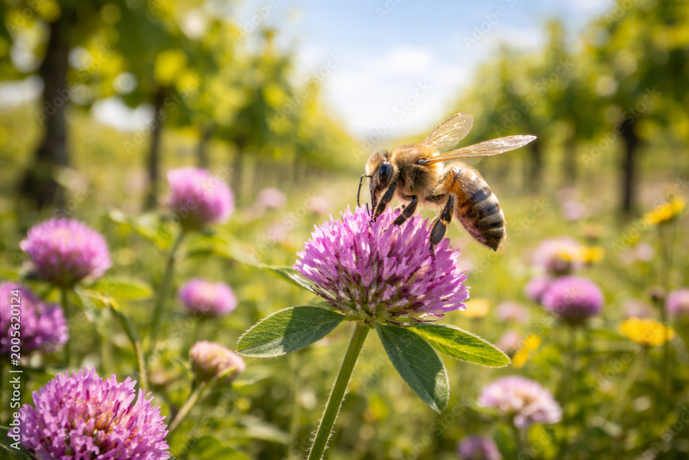 Naklejka premium Bee pollinating purple flower in vibrant green field
