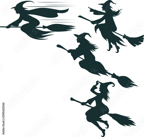 Quadro su tela Silhouettes of witches flying on broomsticks against a white background, a colle
