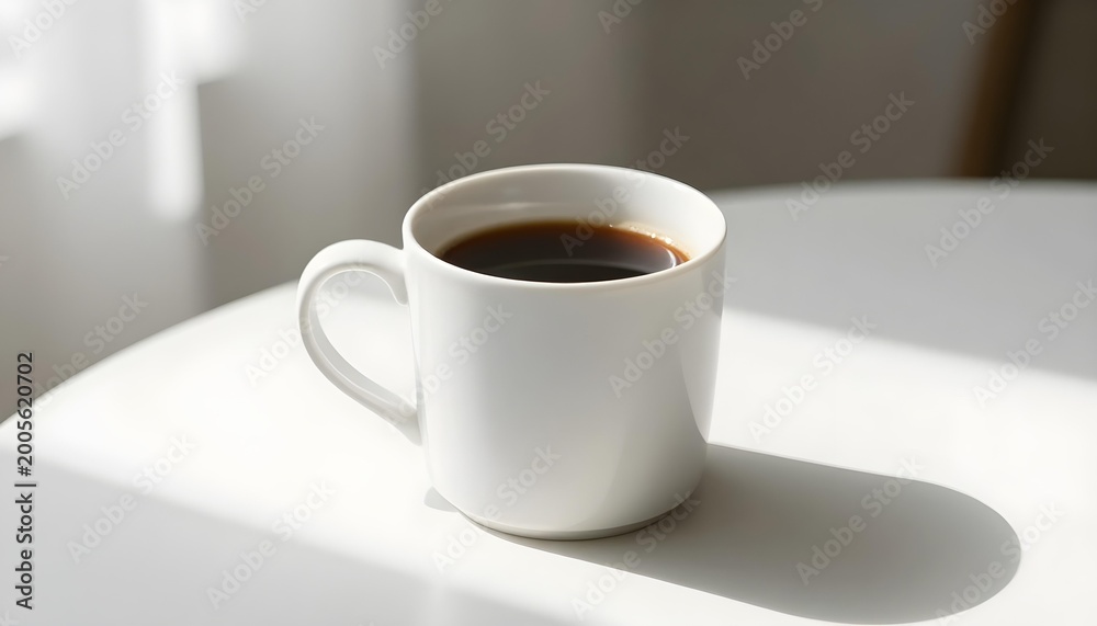 Obraz premium A white mug filled with dark coffee sits on a white table with morning light