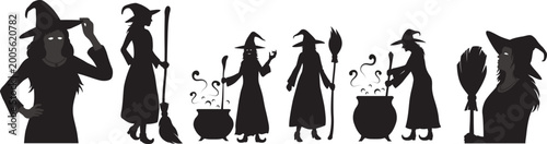 Obraz na plátne Various witch silhouettes set with cauldrons and brooms for Halloween design and