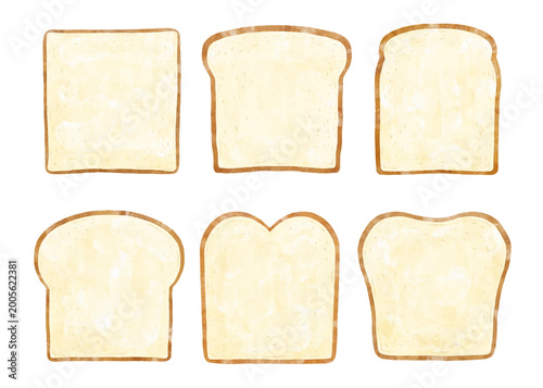 水彩風食パン6枚セットのイラスト・様々な形バリエーション 正面 真上 / Watercolor sliced bread set of 6 various shapes collection front view illustration