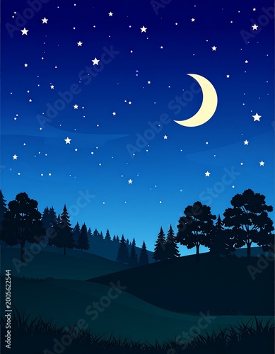 Crescent moon, stars, and silhouetted trees under night sky
