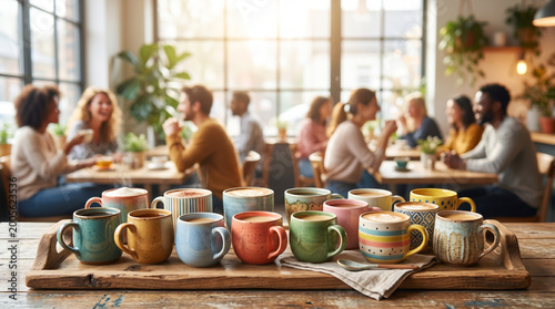 A cozy coffee shop scene with diverse people enjoying conversation and drinks, while colorful cups are displayed on a wooden table in the foreground.