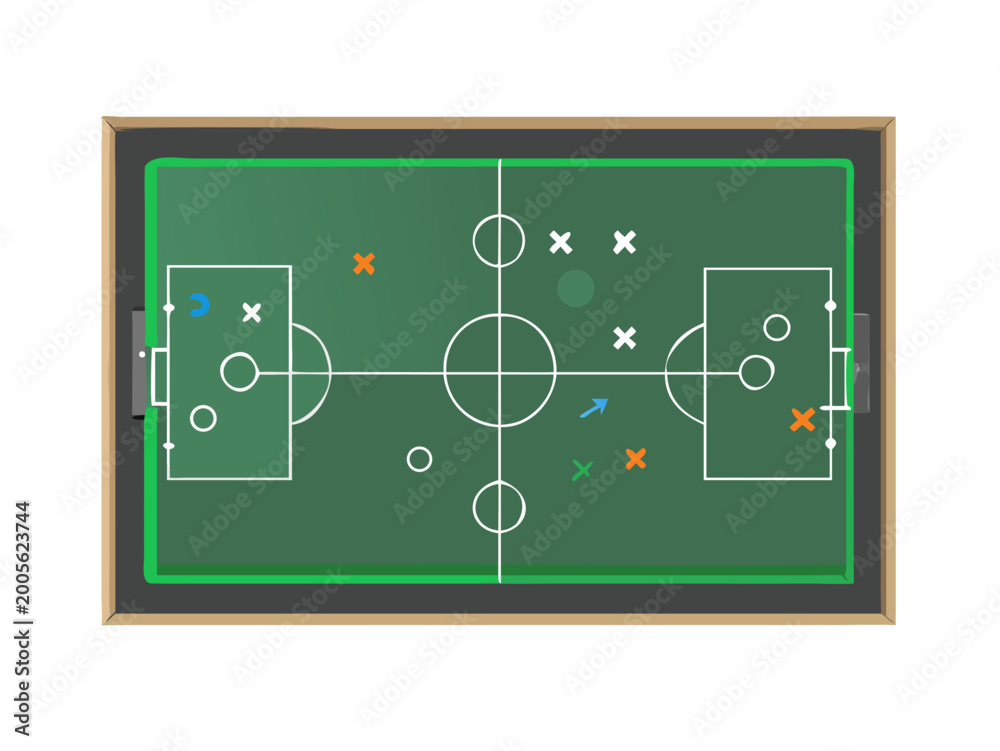 Fototapeta premium Strategy game plan. Tactic for soccer. Scheme for training of football team. Sport illustration on blackboard. Playbook of coach. Strategic organization on field for learning. Vector icon