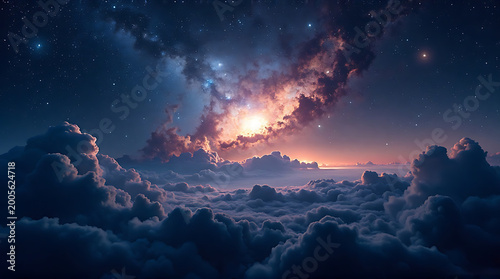 Night sky with clouds and stars at sunset or sunrise with a beautiful galaxy