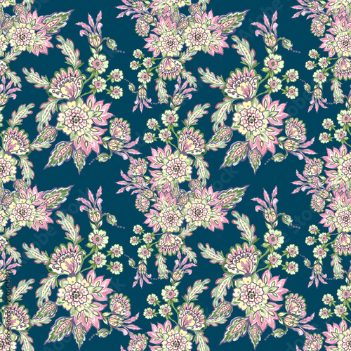 Traditional classic Indian Paisley seamless pattern on background decorative flowers damask motifs folk