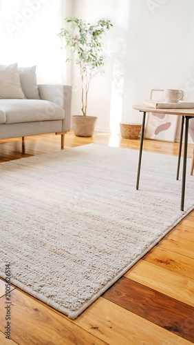 Minimalist living room with textured grey area rug on hardwood floor.