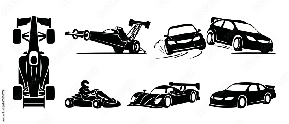 Fototapeta premium Racing cars collection silhouette set, motorsport vehicle icons, formula one, rally, dragster and kart racing signs for sports design, black and white vector illustrations isolated on white background
