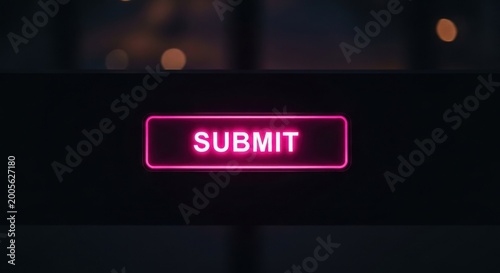 Glowing Neon Submit Button on Dark Background Digital Interface Concept.