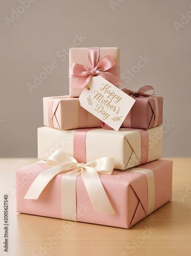 Stacked gift boxes with happy mother’s day card soft pastel