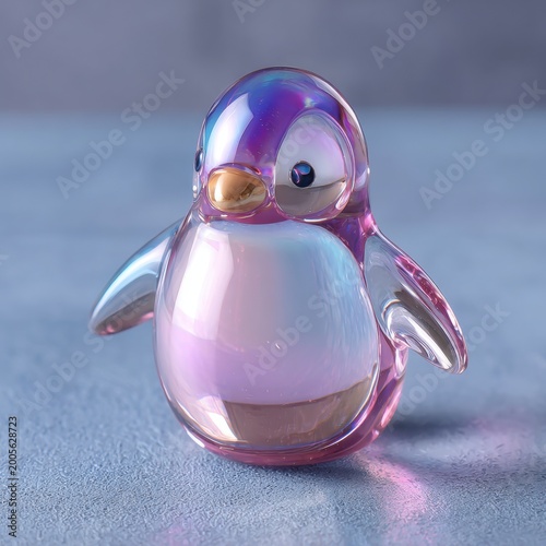 An iridescent penguin figurine, shimmering with pastel hues, stands on a textured blue surface, casting light.