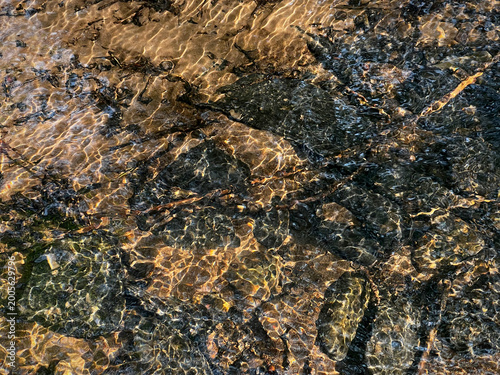 Water flowing over stone riverbed in direct sunlight