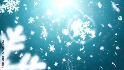 Magical Snowflakes Falling in Blue Winter Sky with Bright Light