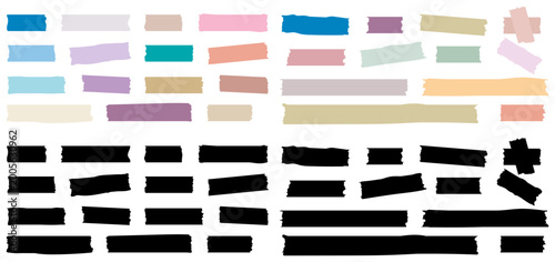 Set of colored adhesive tape, washi, mini tape. Sticky strips. Colored decorative tape mini washi sticker decoration vector set. Sticky tape, ripped scrapbook sticker decorative. Vector illustration.