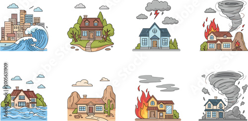 Photos Natural Disaster Scenes Collection with Flood, Earthquake, Storm, Fire, and Torn