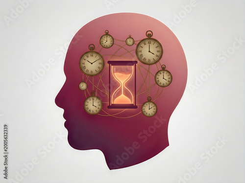 Head with clocks and hourglass inside representing time management concept